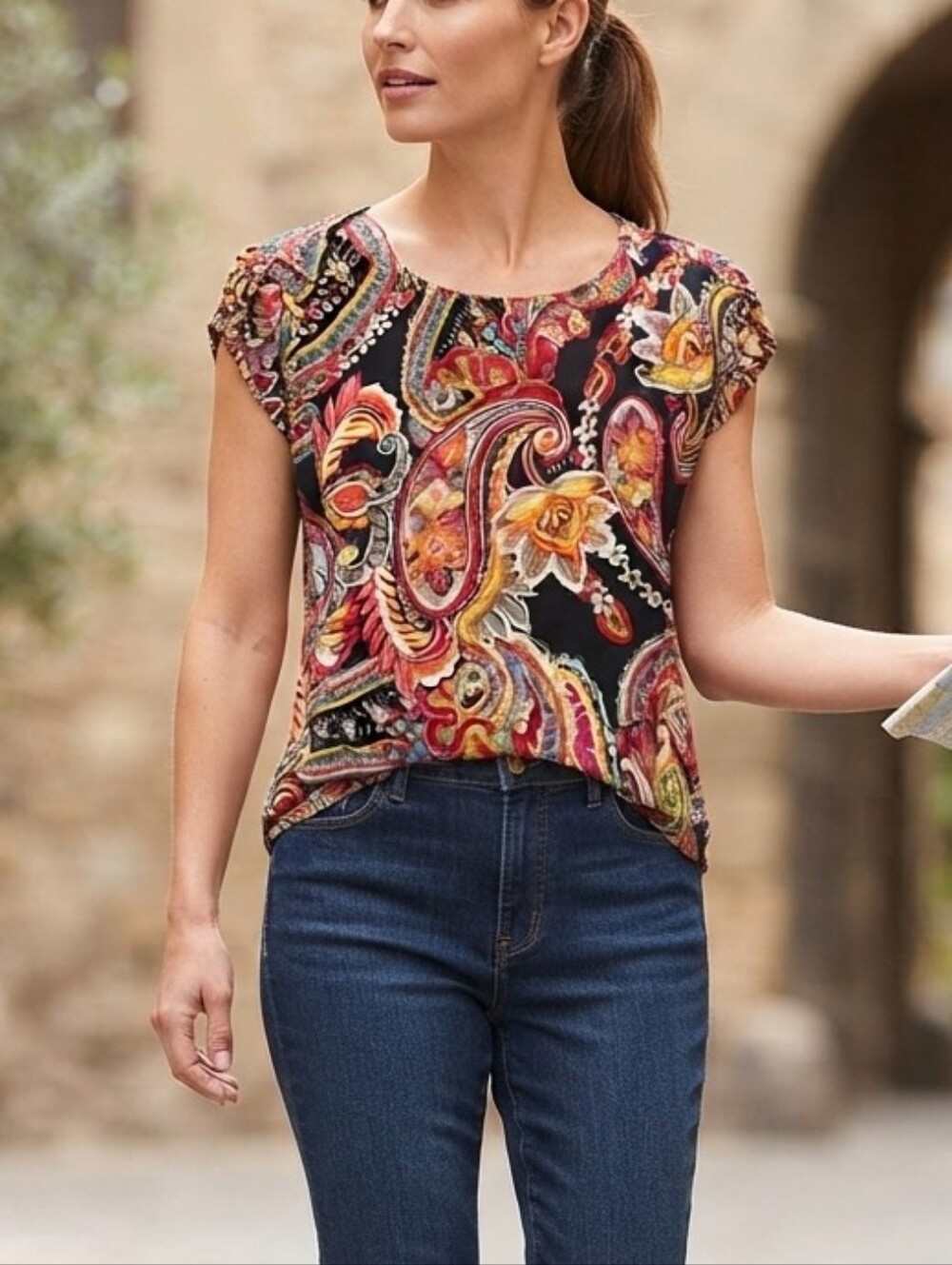 Laura Paisley Print Cap Sleeve Blouse Top Stretch Multicolor Size Medium